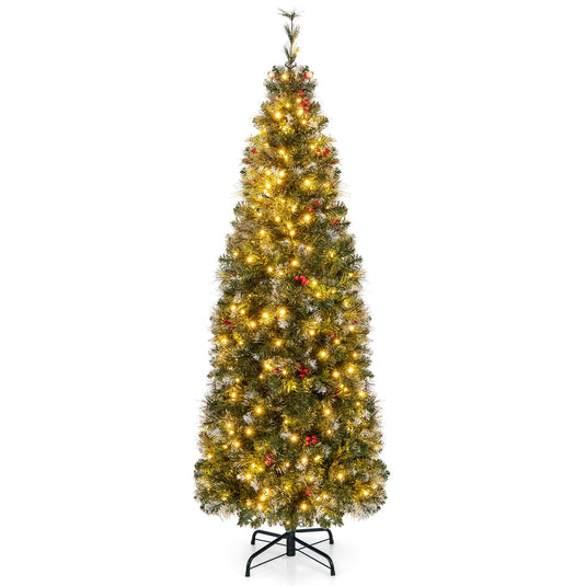 Goplus 9ft Pre-Lit Pencil Christmas Tree, Artificial Hinged Slim Xmas Tree with 500 Warm-White LED Lights