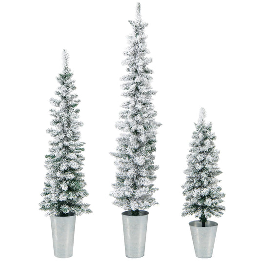 Goplus Set of 3 Artificial Christmas Tree, 3' 4' 5' Slim Pencil Xmas Tree with Silver Metal Buckets