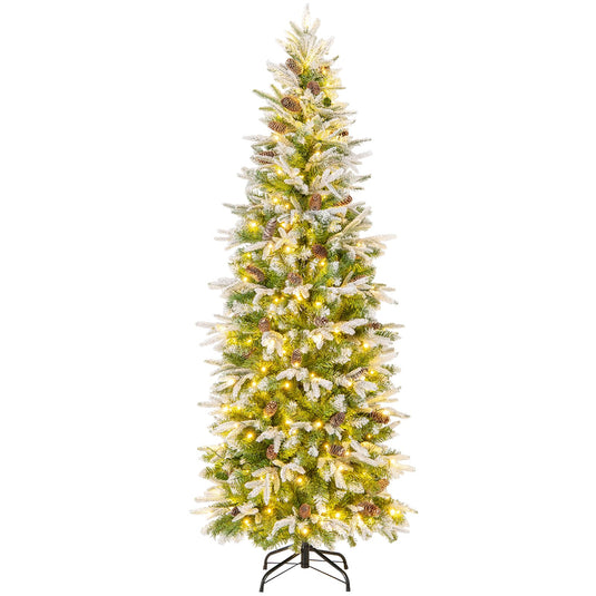 Goplus 6 FT Pre-Lit Pencil Christmas Tree, Artificial Snow Flocked Hinged Xmas Tree with 280 Warm-White LED Lights