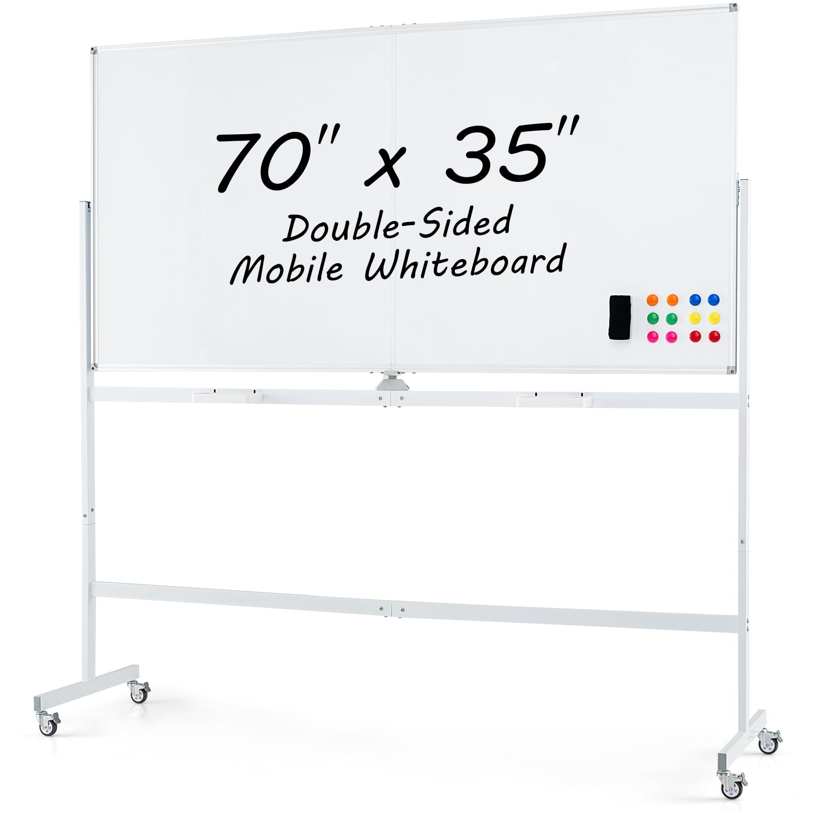 Goplus Mobile Whiteboard On Wheels - 70"x35" Double Sided Magnetic Board With Stand, Markers & Casters