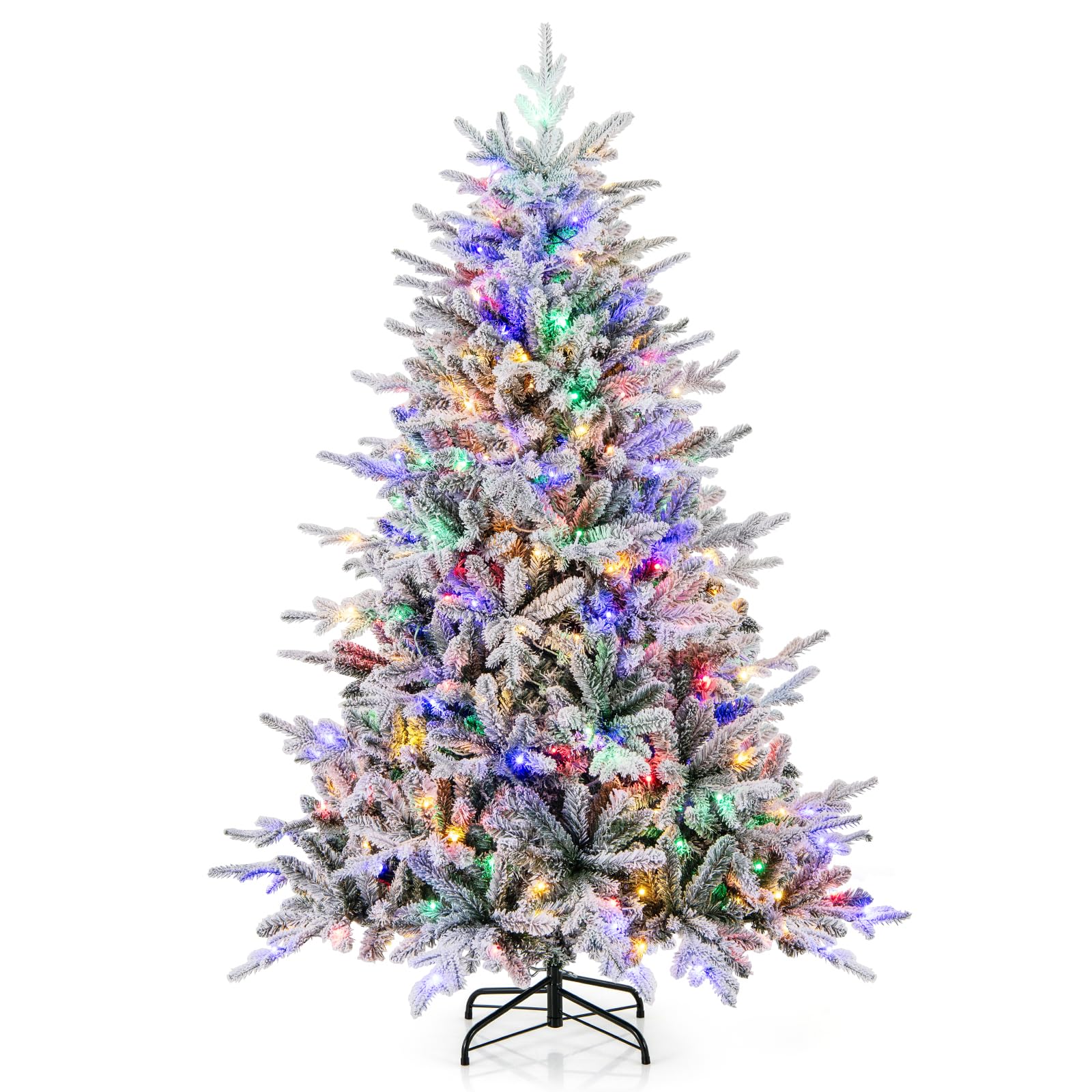 Goplus 6ft Pre-Lit Snow Flocked Christmas Tree, Artificial Hinged Full ...