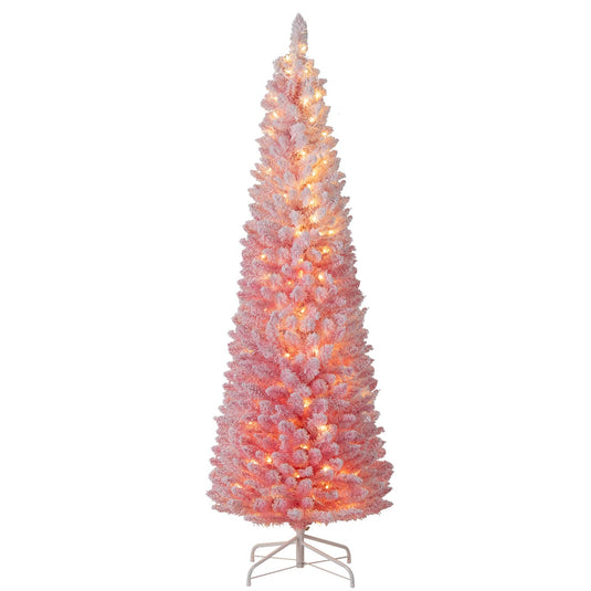 Goplus 6ft / 7ft Pink Slim Pencil Christmas Tree | Pre-lit Snow Flocked Artificial Skinny Xmas Tree
