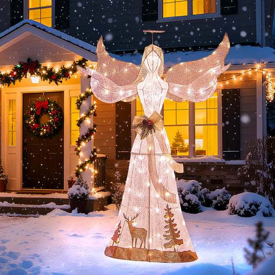 Goplus Pre-lit 3D Glittered Angel with 100 Warm White Lights Halo Bow Ground Stakes