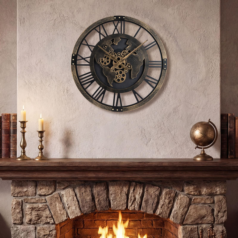 Load image into Gallery viewer, Goplus 27" Gear Clock with World Map | Non-Ticking Decorative Metal Clock with Moving Gears