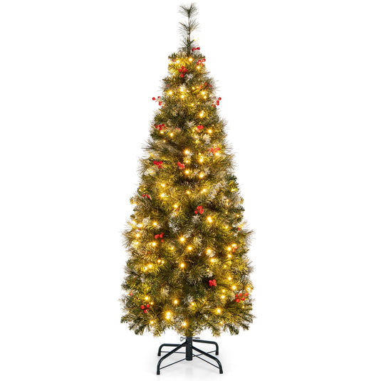 Goplus 9ft Pre-Lit Pencil Christmas Tree, Artificial Hinged Slim Xmas Tree with 500 Warm-White LED Lights