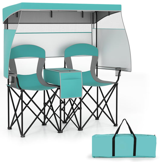 Goplus Double Beach Chair w/Roll-up Shade Cooler Bag Cup Holders Carrying Bag