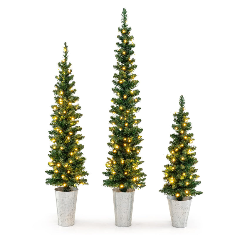 Load image into Gallery viewer, Goplus 3' 4' 5' Pre-Lit Artificial Christmas Tree Set of 3, Slim Pencil Potted Xmas Tree with 423 Branch Tips, 230 Warm White LED Lights