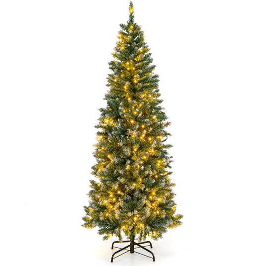Goplus 9ft Pre-Lit Artificial Pencil Christmas Tree, Hinged Slim Xmas Tree with 500 Warm-White LED Lights