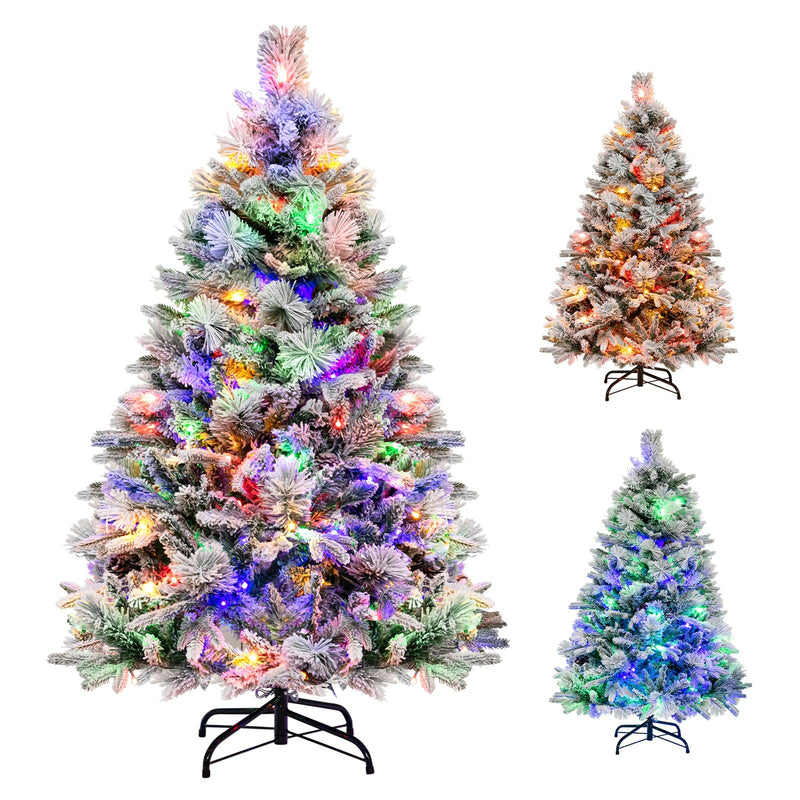 Load image into Gallery viewer, Goplus Pre-Lit Snow Flocked Christmas Tree, Artificial Hinged Xmas Tree with 160 Multi-Color LED Lights