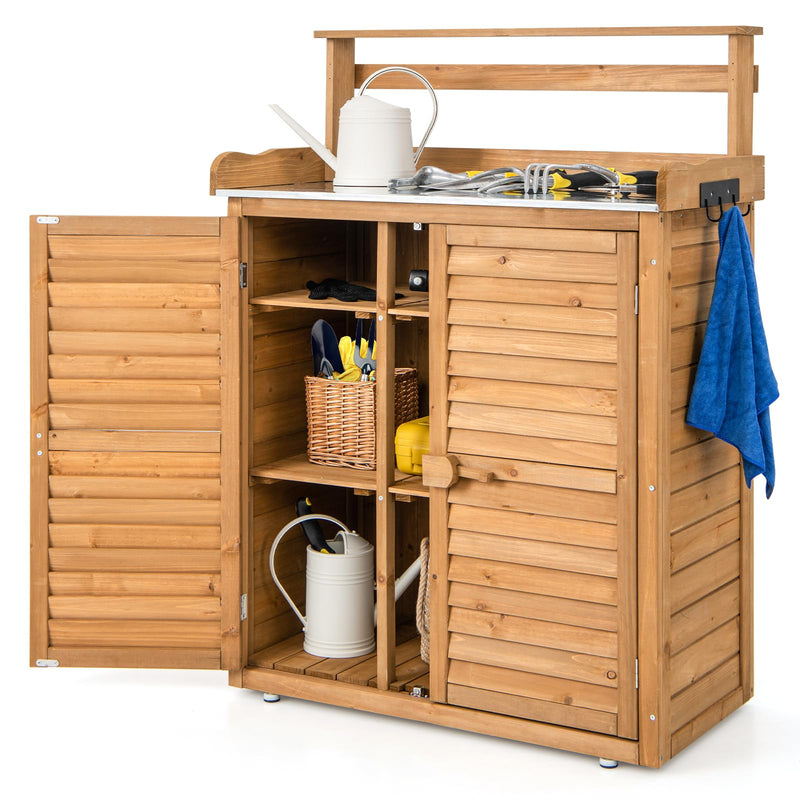 Load image into Gallery viewer, Goplus Outdoor Potting Bench Table, Gardening Table w/Storage Cabinet, Galvanized Metal Tabletop