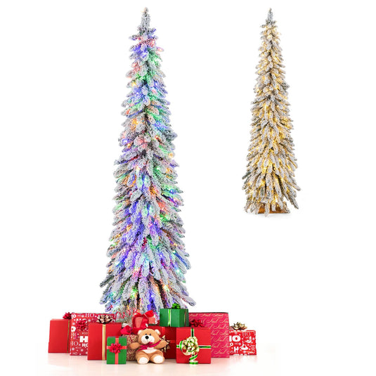 Goplus 6ft Pre-Lit Flocked Christmas Tree, Artificial Slim Pencil Xmas Tree with 250 LED Lights