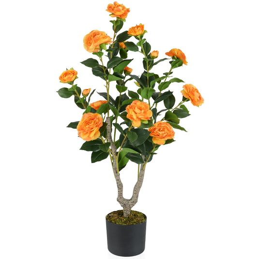 Goplus 36’’ Artificial Camellia Tree Faux Floral Plant Blooming Tree in Nursery Pot