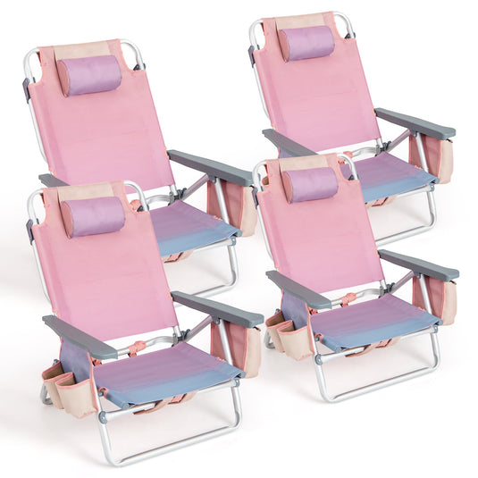 Goplus Backpack Beach Chairs, 4 Pcs Portable Camping Chairs with Cool Bag and Cup Holder