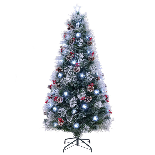 Goplus Pre-lit Fiber Optic Christmas Tree, Artificial Snowy Xmas Tree with 49 Cool White LED Lights