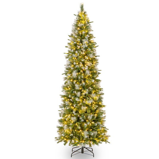 Goplus 6ft / 7.5ft / 9ft Pre-Lit Pencil Christmas Tree with Flocked Frosted Tips & LED Lights