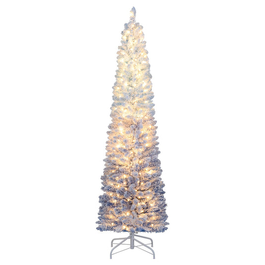 Goplus 6FT / 7FT Blue Gradient Snow Flocked Christmas Tree with Warm White LED Lights