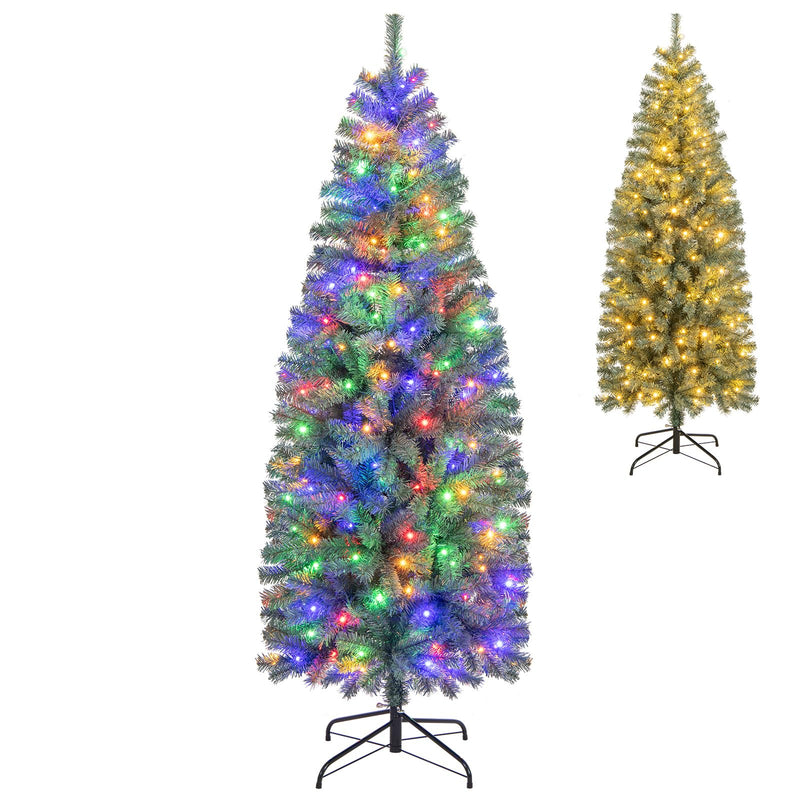 Load image into Gallery viewer, Goplus 6.5ft Pre-Lit Blue Slim Pencil Christmas Tree with 200 Warm White & Multicolored LED Lights, 9 Modes, 556 Branch Tips