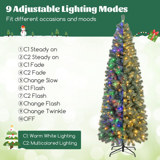 Goplus 7.5ft Pre-Lit Blue Slim Pencil Christmas Tree with 250 Warm White & Multicolored LED Lights, 9 Modes, 724 Branch Tips