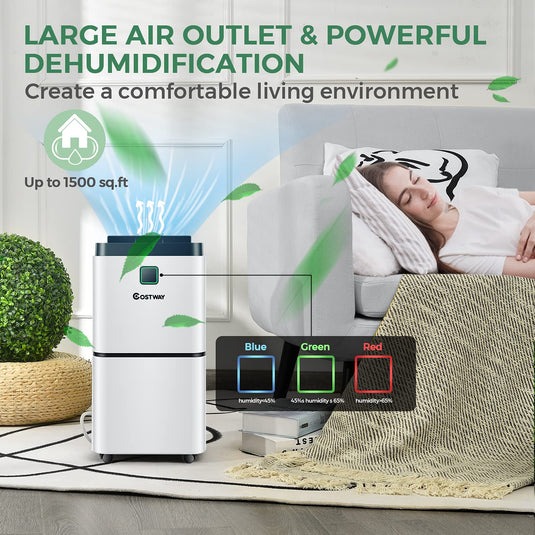1500 Sq. Ft Portable 30 Pints Dehumidifier with 3 Color LED Light, 3 Modes, 0.5 Gallon Water Tank & 4 Wheels
