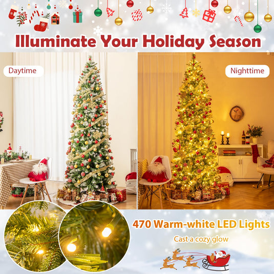 Goplus 6ft / 7.5ft / 9ft Pre-Lit Pencil Christmas Tree with Flocked Frosted Tips & LED Lights