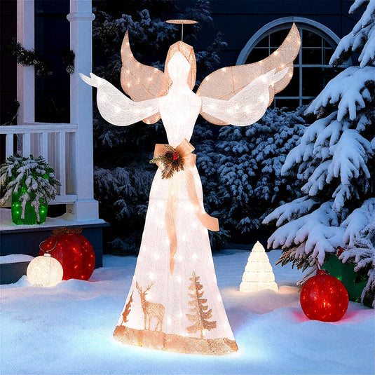 Goplus Pre-lit 3D Glittered Angel with 100 Warm White Lights Halo Bow Ground Stakes