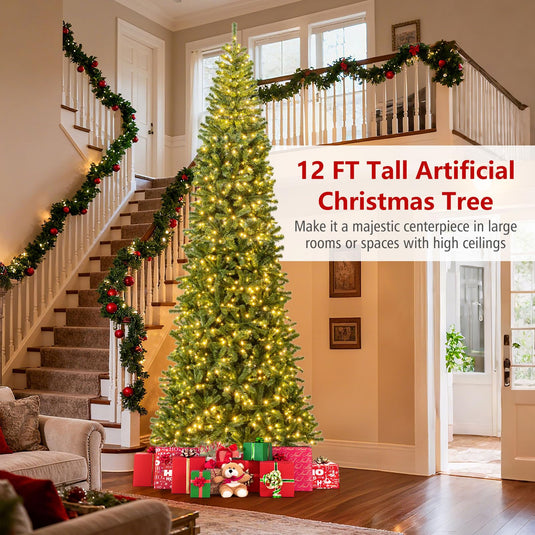 Goplus 12 FT Pre-Lit Artificial Christmas Tree with Quick Power Connector
