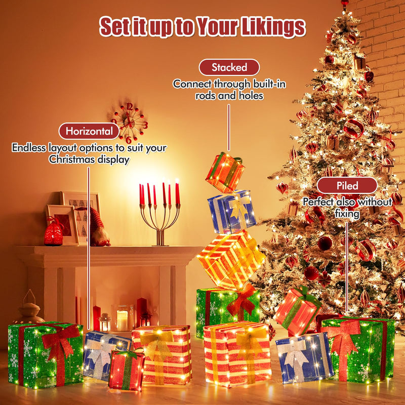 Load image into Gallery viewer, Goplus Lighted Gift Boxes, Set of 4 Stackable Pre-lit Box Decorations with Warm White LED Lights & Pre-Assembled Ribbons