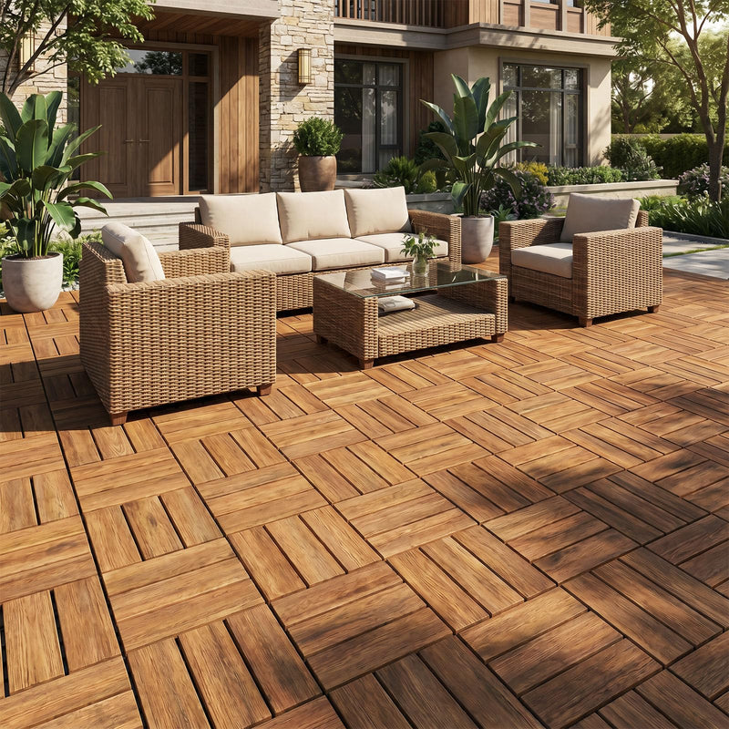 Load image into Gallery viewer, Goplus Checkered Acacia Wood Deck Tiles 12" x 12" Interlocking Floor Tiles for Patio
