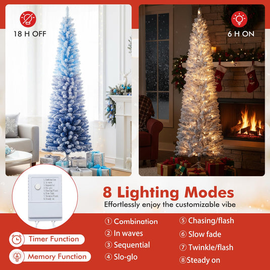 Goplus 6FT / 7FT Blue Gradient Snow Flocked Christmas Tree with Warm White LED Lights