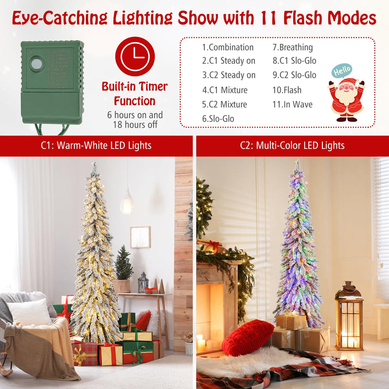 Load image into Gallery viewer, Goplus 6ft Pre-Lit Flocked Christmas Tree, Artificial Slim Pencil Xmas Tree with 250 LED Lights