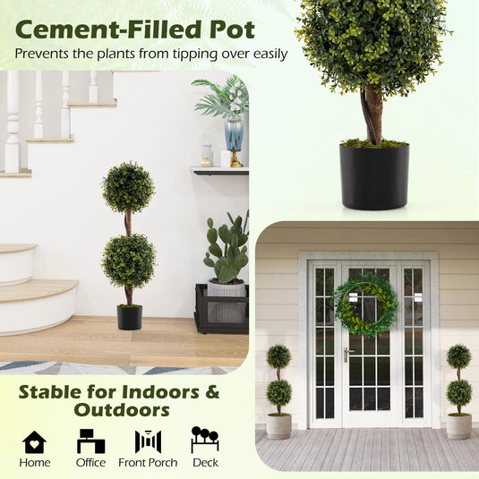 Goplus 3 FT Artificial Boxwood Topiary Trees Set of 2 Faux Outdoor Topiary Ball Tree with Cement-Filled Pot
