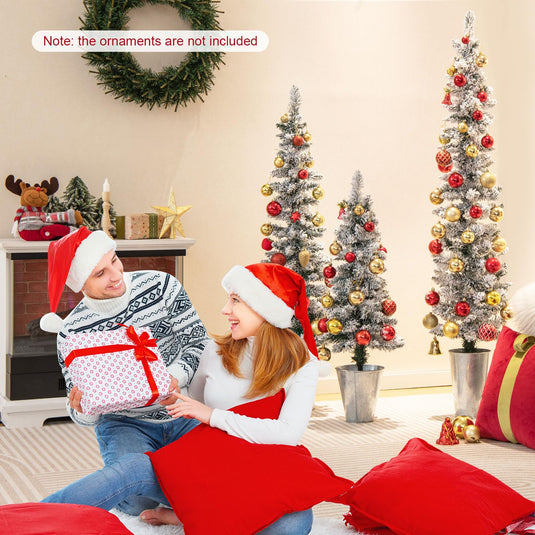 Goplus Set of 3 Artificial Christmas Tree, 3' 4' 5' Slim Pencil Xmas Tree with Silver Metal Buckets