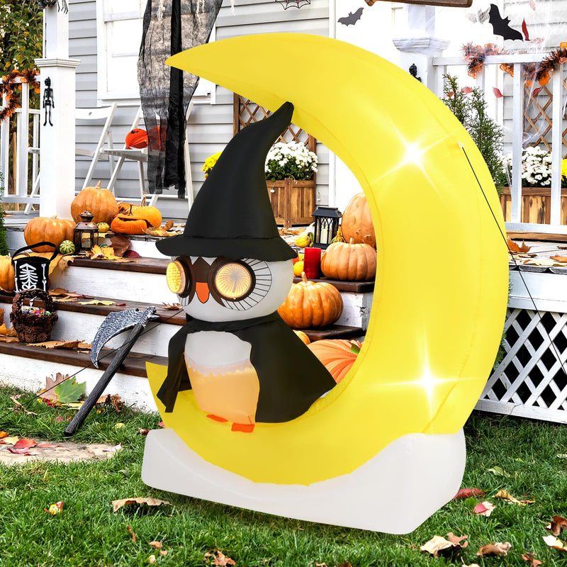 Load image into Gallery viewer, Goplus 5.1 Ft Halloween Inflatables, Pre-Lit Owl on The Moon with Witch Hat