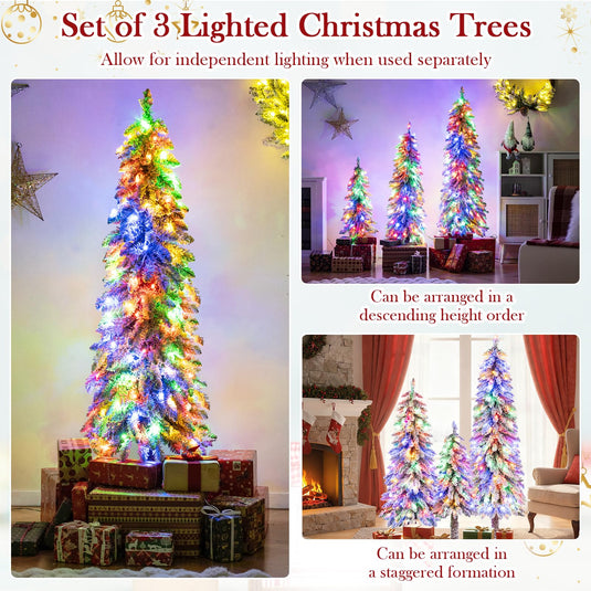Goplus 3' 4' 5' Pre-Lit Snow Flocked Christmas Tree Set of 3 with 300 Multicolored LED Lights