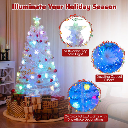 Goplus Pre-lit Fiber Optic Christmas Tree, Artificial White Xmas Tree with 24 Colorful LED Lights