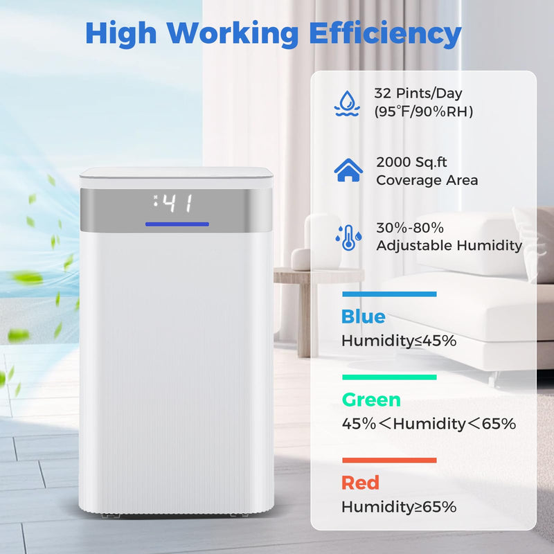 Load image into Gallery viewer, 32 Pints Dehumidifier for Home, 2000 Sq.ft, Quiet Operation with 3 Modes, Drain Hose, Auto Shut Off