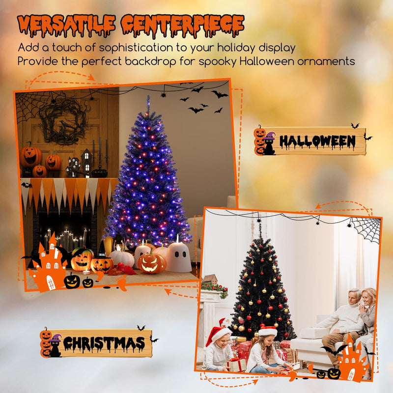 Load image into Gallery viewer, Goplus 6/7/8 FT Pre-Lit Black Halloween Tree, Artificial Hinged Christmas Tree with 280/380/500 Orange & Purple LED Lights