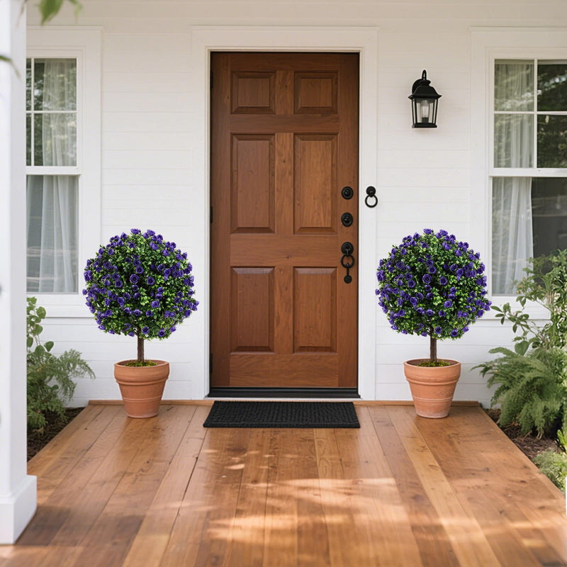 Load image into Gallery viewer, Goplus 22'' Artificial Purple Rose Topiary Ball Tree Set of 2 Faux Potted Plants Artificial Shrubs Bushes with Flowers