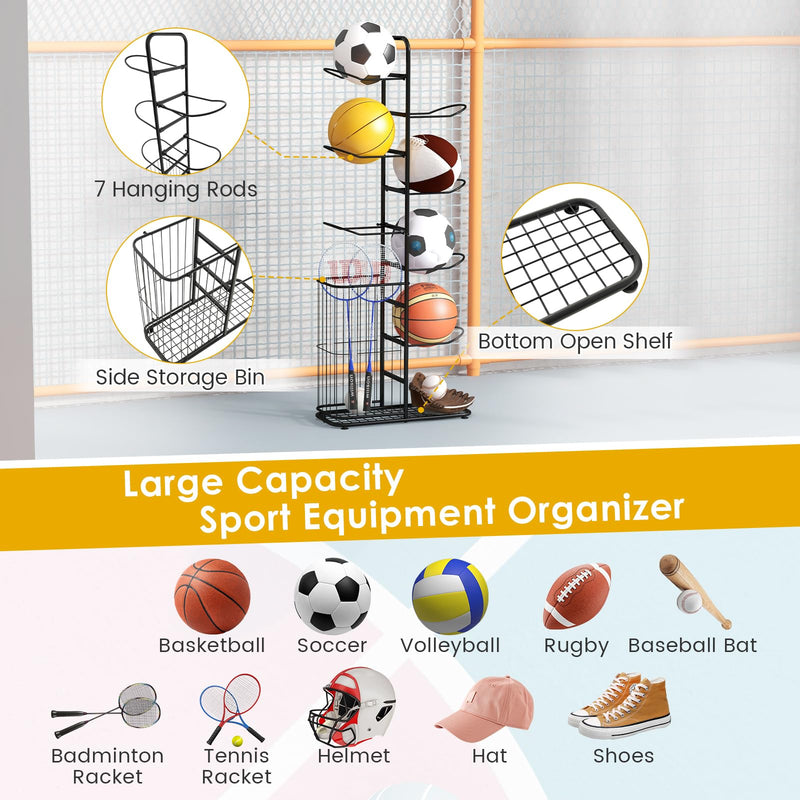 Load image into Gallery viewer, Goplus Garage Sports Equipment Organizer, 7 Ball Storage Rack with Basket, 7-Tier Detachable Stand