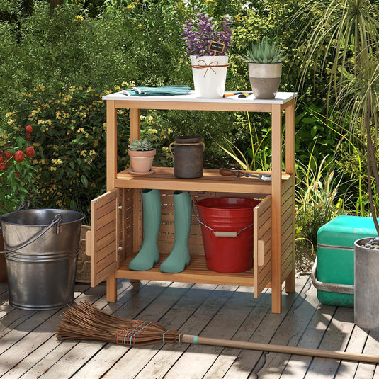 Goplus Outdoor Acacia Wood Buffet Cabinet with Marble-Like Countertop ( 31.5” x 16” x 35.5” )