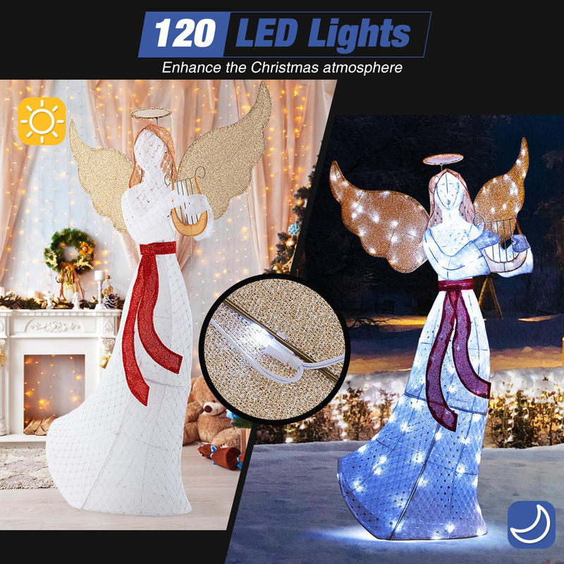 Load image into Gallery viewer, Goplus 5 FT Christmas Lighted Angel, Pre-Lit Winged Holiday Figure Angel with 120 Cold White LED Lights