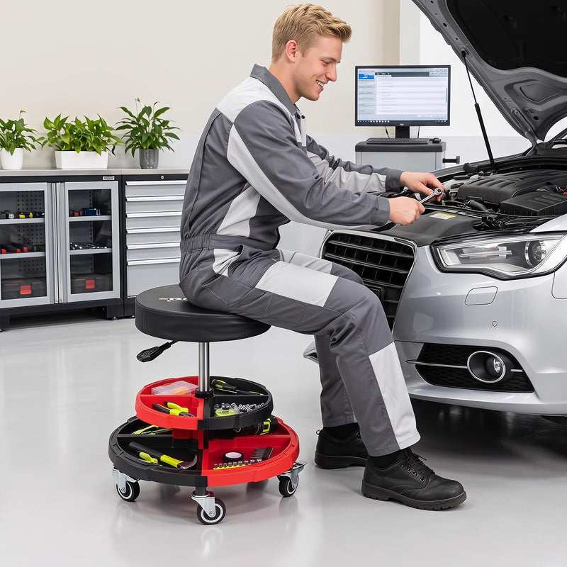 Load image into Gallery viewer, Goplus Rolling Mechanic Stool with Cushioned Seat w/ Dual Tool Trays