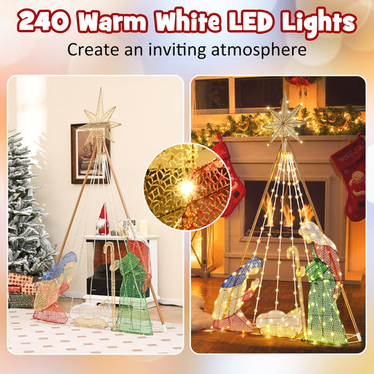 Goplus 6 FT Christmas Pre-Lit Nativity Set, Holy Family Set Christmas Decoration with 240 Warm White LED Lights