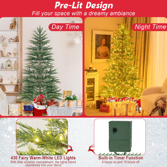 Goplus 6.5ft / 7.5ft Simulated Artificial Cypress Xmas Tree with Warm-White Fairy LED Lights