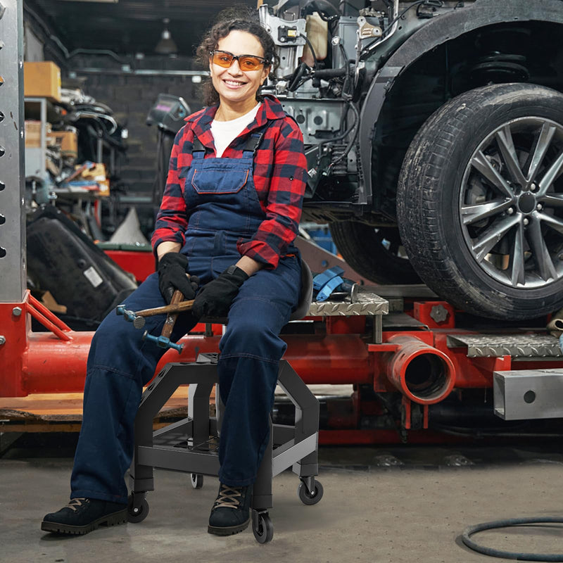 Load image into Gallery viewer, Goplus Mechanic Stool with Wheels, Adjustable Height Swivel Shop Stool Roller Seat with Tool Tray