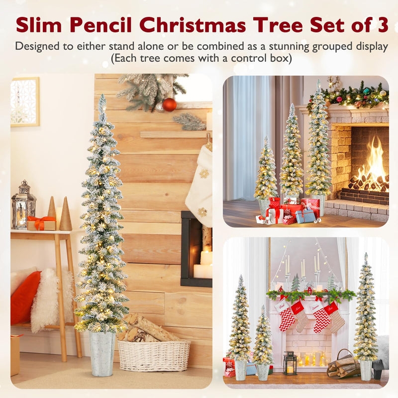 Load image into Gallery viewer, Goplus 3' 4' 5' Pre-Lit Snow Flocked Christmas Tree Set of 3, Slim Pencil Artificial Potted Xmas Trees with 423 Branch Tips