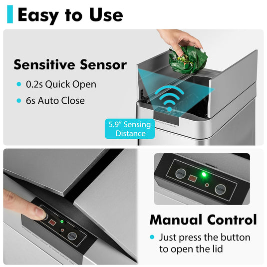 Goplus Slim Kitchen Trash Can, 13.2 Gallon Motion Sensor Garbage Bin with Wing Lids, Anti-Fingerprint Touchless Waste Bin