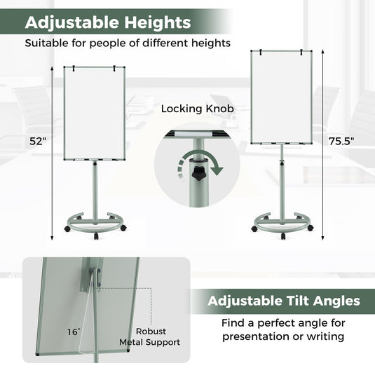 Goplus 40” x 26” Height-Adjustable Dry Erase Board on Wheels with Round Stable Stand