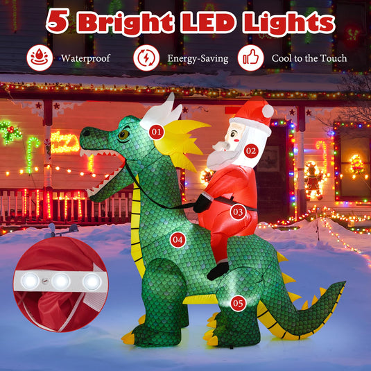 Goplus 6.7 FT Inflatable Christmas Santa Claus Riding Dinosaur Decoration with Lights Stakes