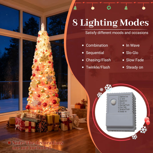 Goplus 6ft / 7ft Pink Slim Pencil Christmas Tree | Pre-lit Snow Flocked Artificial Skinny Xmas Tree